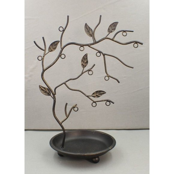 Jewelry Tree Stand Bronze/Gold Tone Metal Leaf Design Branches And Ring Tray - Picture 1 of 6